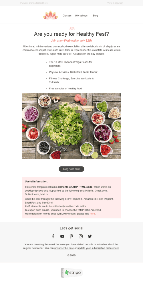 Plantilla de correo electrónico «Fiesta saludable» de Invitación para la industria de Gastronomía Vista de escritorio