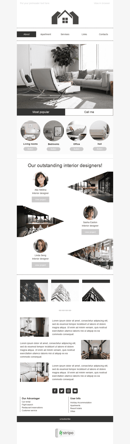 Modello Email Promo «Appartamenti eleganti» per il settore industriale di Immobiliari Visualizzazione desktop