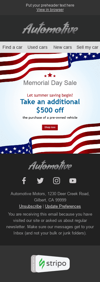 Memorial Day Email Template "Red & White" for Auto & Moto industry mobile view