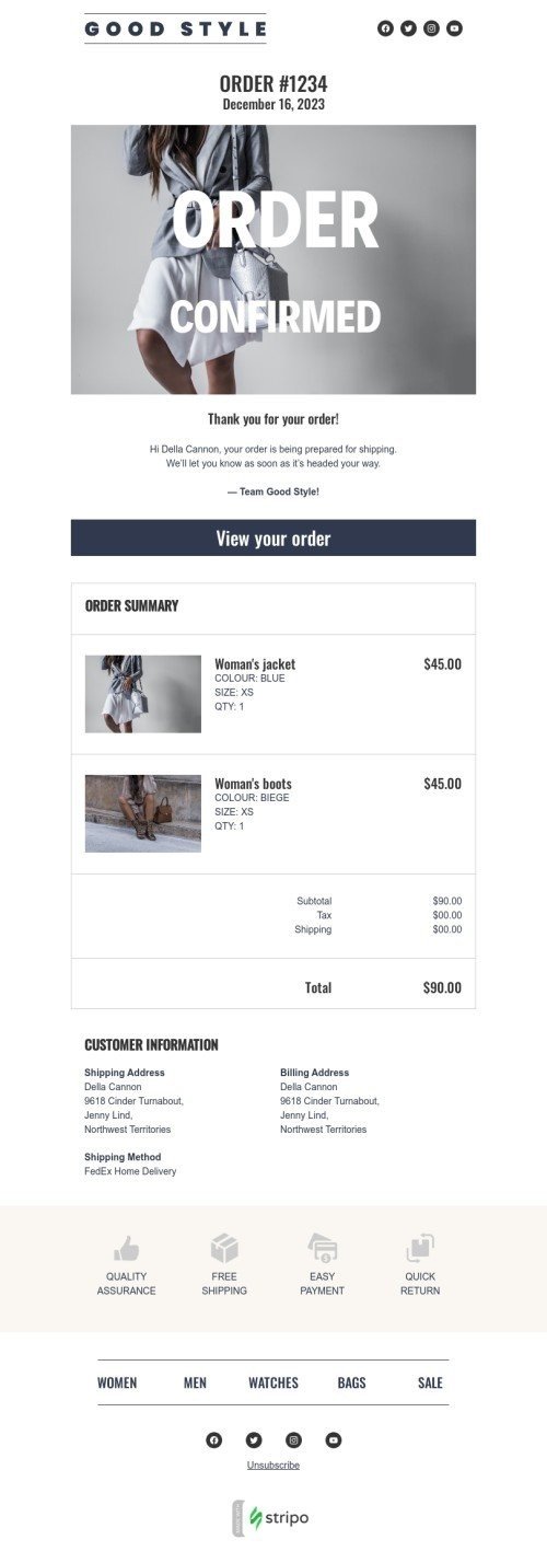 Order confirmation email template "Order confirmed" for fashion industry mobile view