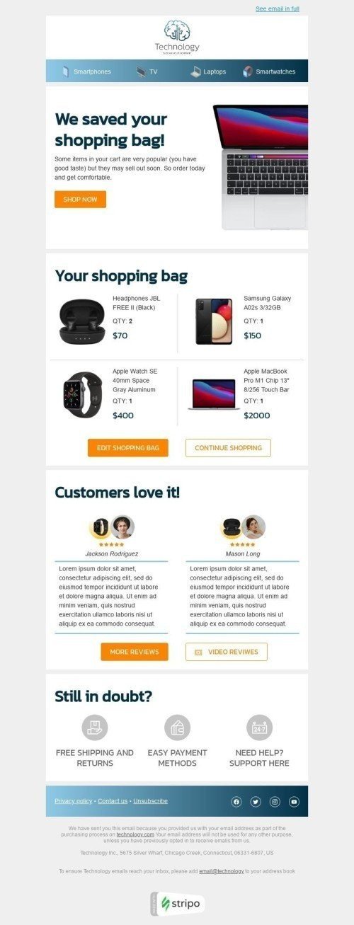 Retargeting Email Template «Your abandoned cart» for Gadgets industry mobile view