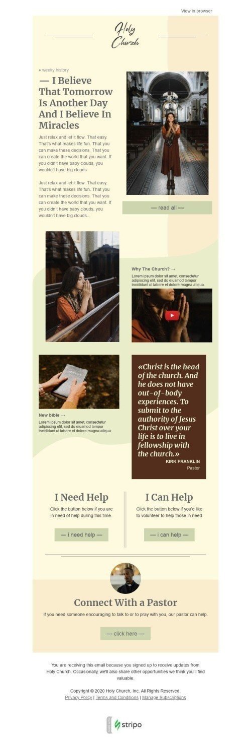 Werbung E-Mail-Vorlage «Heilige Kirche» für Kirche-Branche Ansicht auf Mobilgeräten