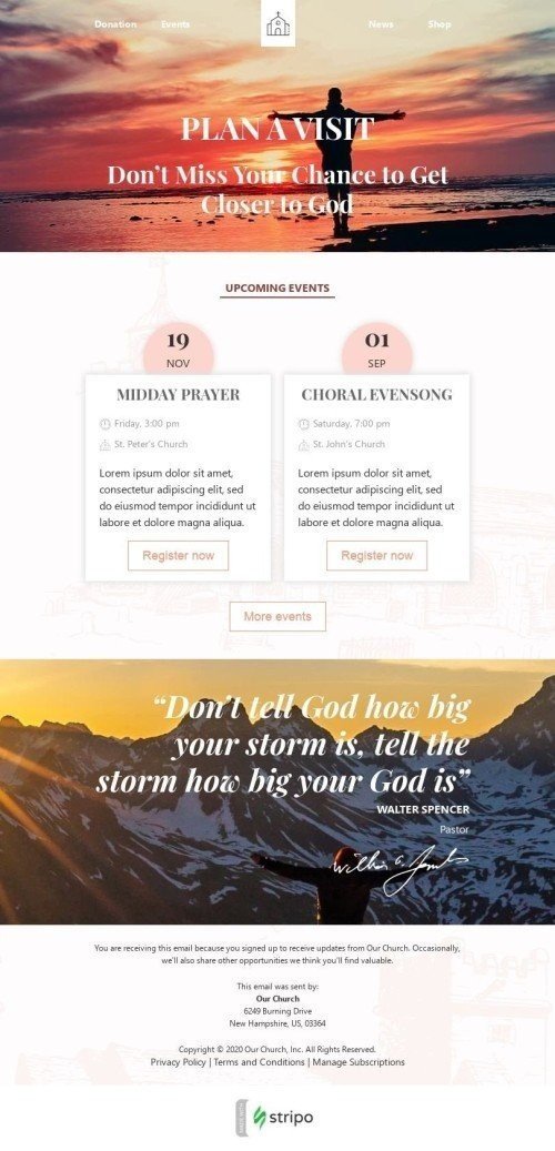 Promo Email Template «Plan a visit» for Church industry desktop view