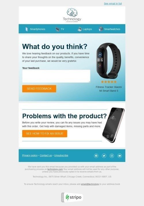 Modelo de E-mail de «Feedback de compra» de Retargeting para a indústria de Gadgets Visualização de dispositivo móvel