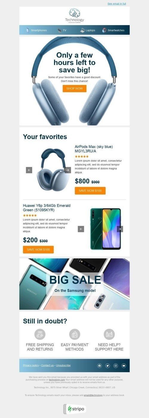 Retargeting E-Mail-Vorlage «Verkauf auf Favoriten» für Elektronik & Gadgets-Branche Ansicht auf Mobilgeräten