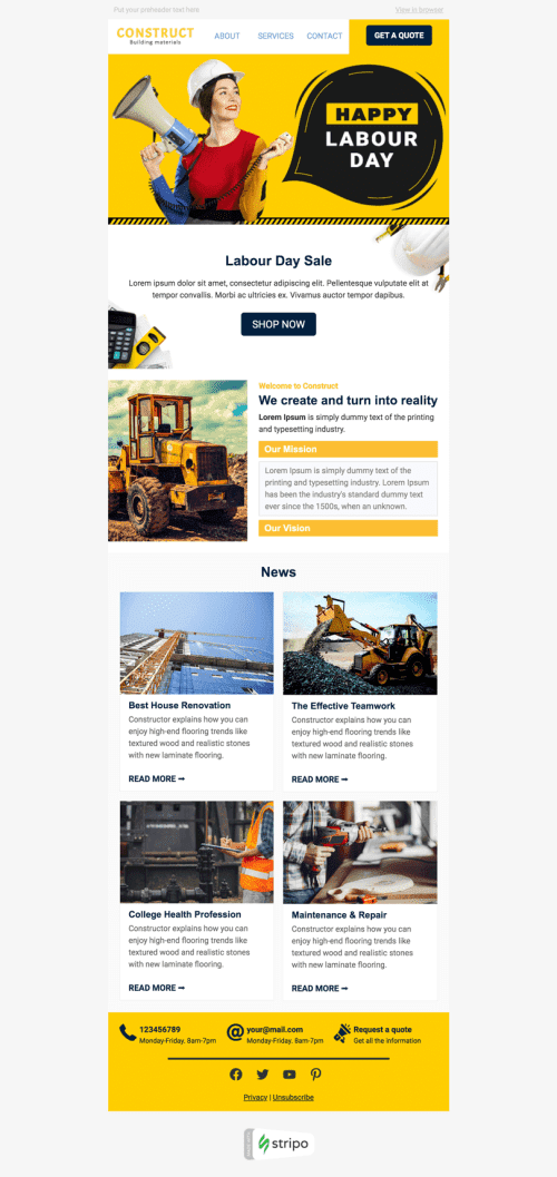 Labor Day E-Mail-Vorlage «Die Zukunft bauen» für Bauwesen-Branche Ansicht auf Mobilgeräten