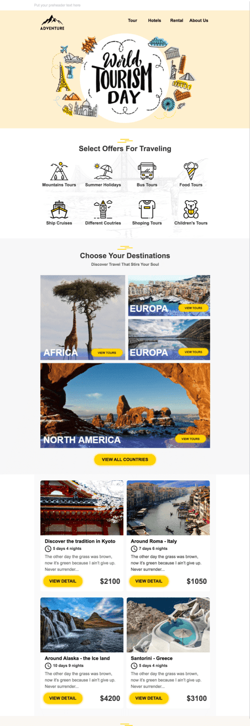 Modello Email Giornata mondiale del turismo «Tempo del turismo» per il settore industriale di Turismo mobile view