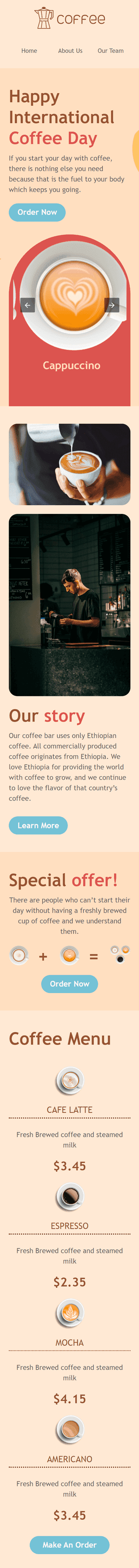 Internationaler Tag des Kaffees E-Mail-Vorlage «Happy Hour!» für Getränke-Branche Ansicht auf Mobilgeräten