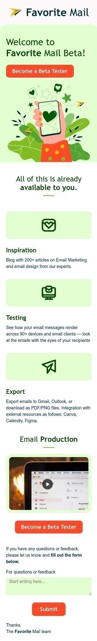 Plantilla de correo electrónico «Bienvenido a Favorito Mail Beta» de Anuncio para la industria de Software y tecnología Vista de móvil