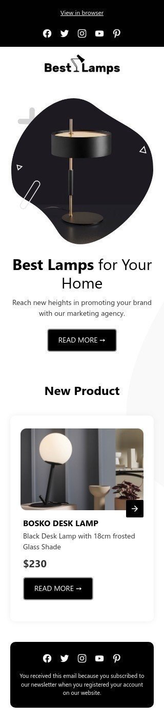 Plantilla de correo electrónico «Las mejores lámparas para tu hogar» de Anuncio de lanzamiento de producto para la industria de Comercio electrónico Vista de móvil