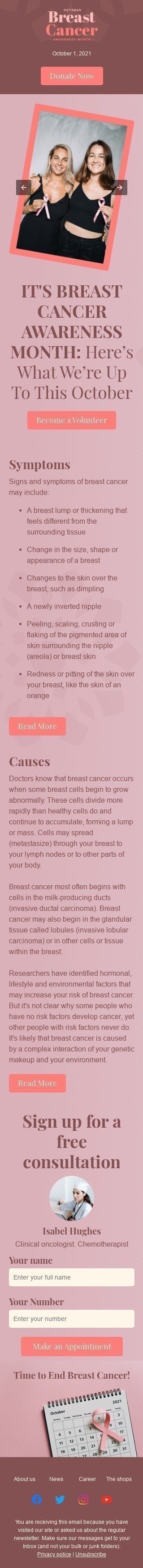Modelo de E-mail de «Mês de Conscientização» de Outubro Rosa para a indústria de Saúde e beleza mobile view