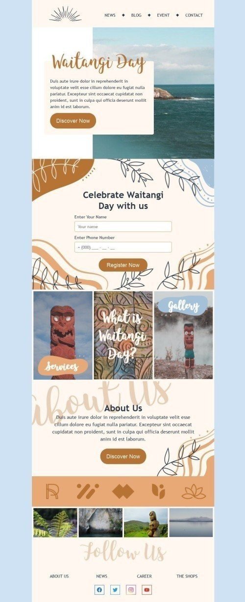Plantilla de correo electrónico «¿Qué es el Día de Waitangi?» de Día de Waitangi para la industria de Eventos Vista de escritorio