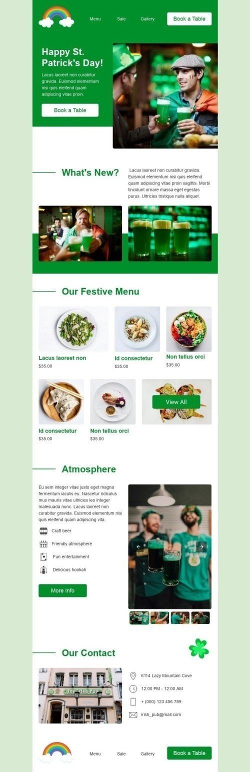 St. Patrick’s Day Email Template "Festive Menu" for Beverages industry desktop view