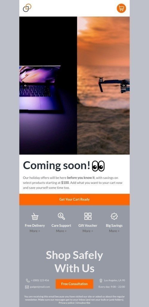 Modelo de E-mail de «Prepare seu carrinho» de Anúncio para a indústria de Gadgets Visualização de desktop