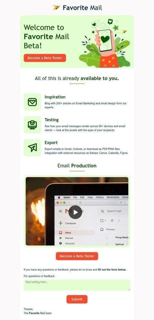 Шаблон письма «Добро пожаловать в бета-версию «Любимая почта»» тематики Анонс для индустрии «ПО и Технологии» мобильный вид