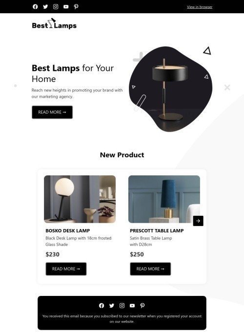 Plantilla de correo electrónico «Las mejores lámparas para tu hogar» de Anuncio de lanzamiento de producto para la industria de Comercio electrónico Vista de escritorio