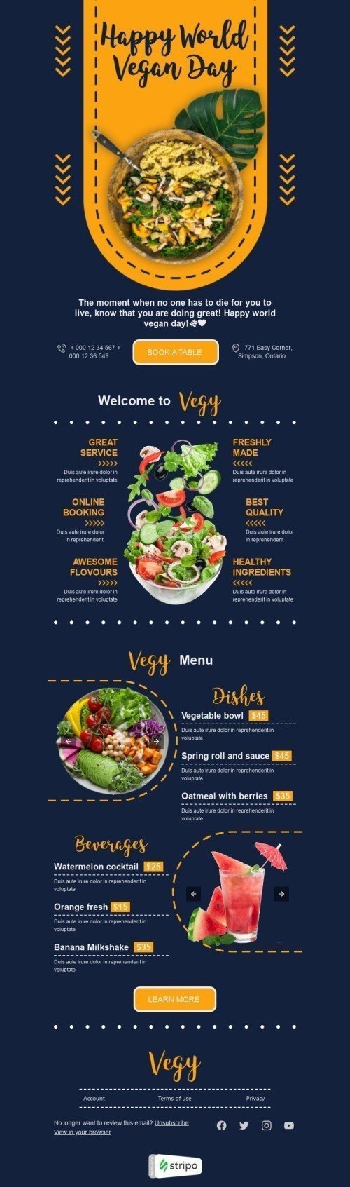 Modèle de courrier électronique Journée mondiale du véganisme «Restaurant végétalien» pour le secteur Restaurants Affichage ordinateur