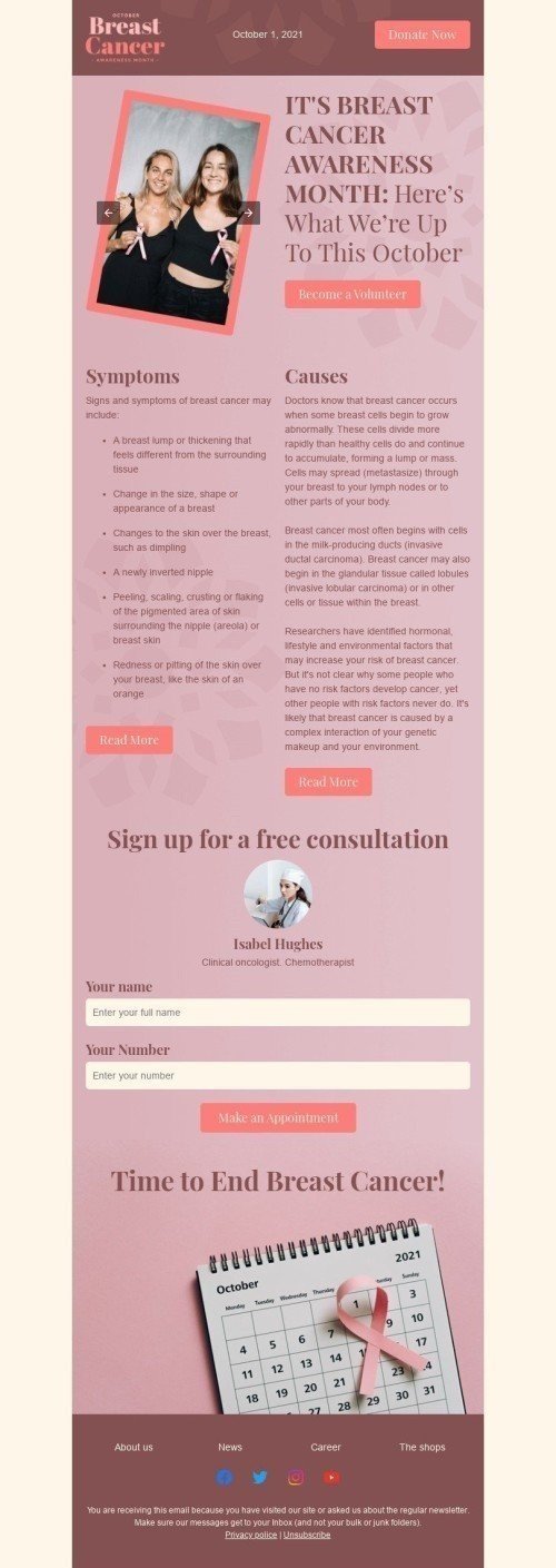 Modelo de E-mail de «Mês de Conscientização» de Outubro Rosa para a indústria de Saúde e beleza desktop view