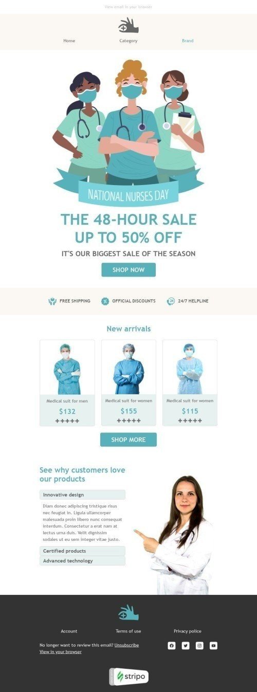 Plantilla de correo electrónico «Traje médico» de Día Internacional de la Enfermera para la industria de Salud y Belleza Vista de escritorio