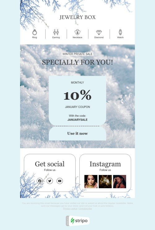 Winter email template "Winter private sale" for jewelry industry mobile view