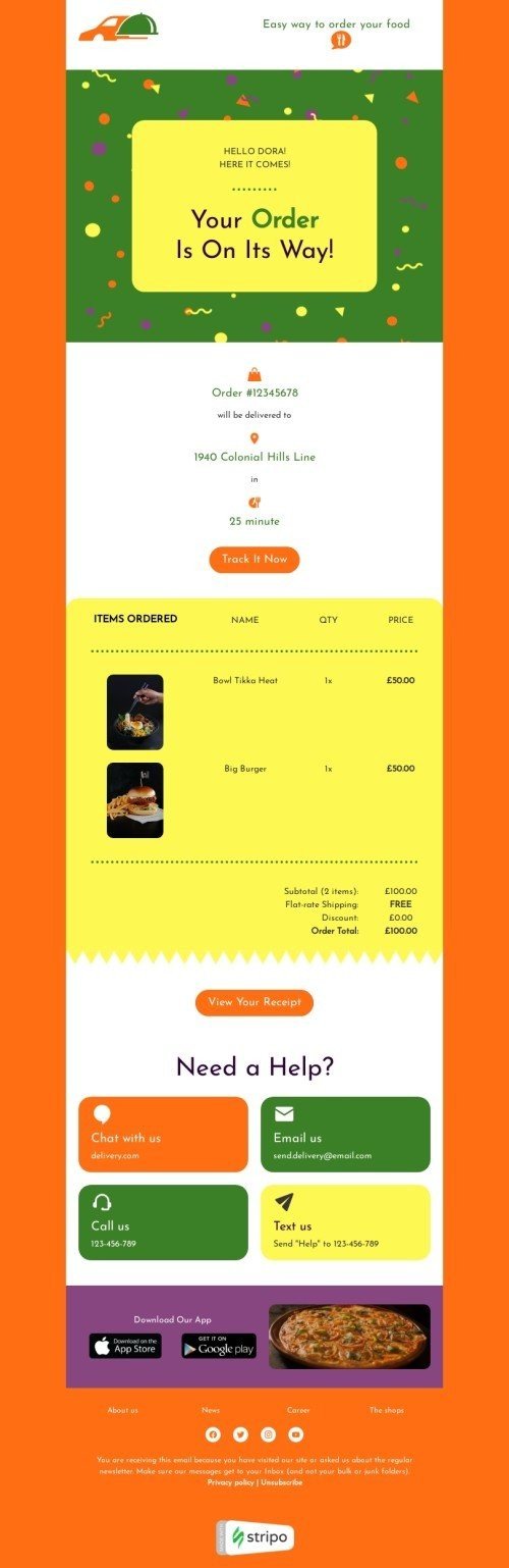 Order confirmation email template "Easy way to order your food" for food industry mobile view