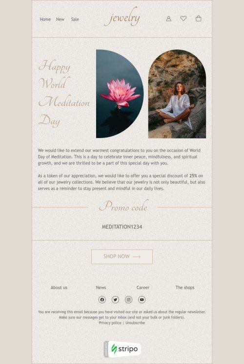 World Meditation Day email template "Take a moment for yourself" for jewelry industry desktop view