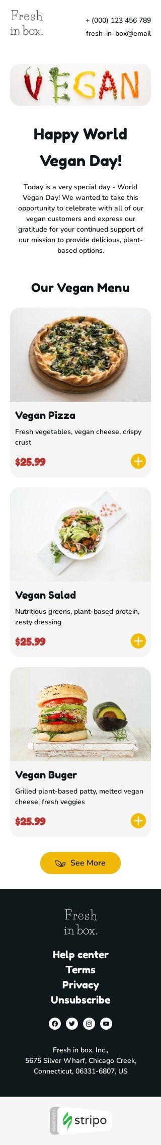 Weltvegantag E-Mail-Vorlage «Unser veganes Menü» für Essen-Branche Ansicht auf Mobilgeräten