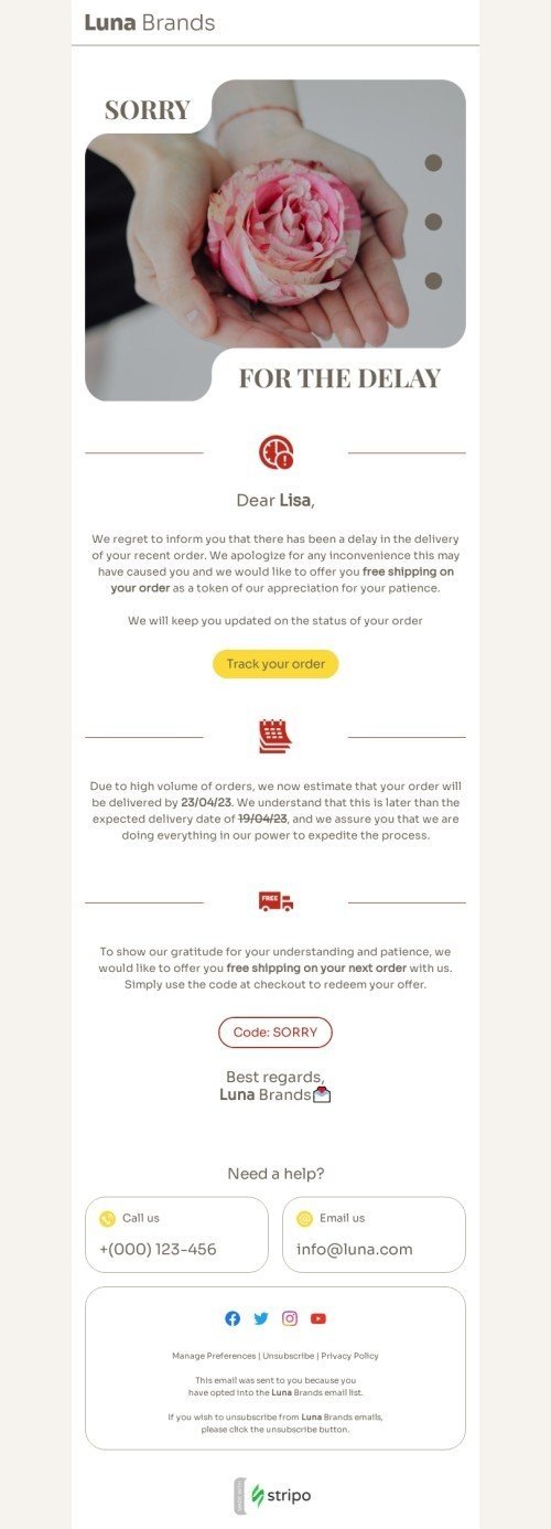 Shipping delay email template "A sincere apology" for fashion industry mobile view