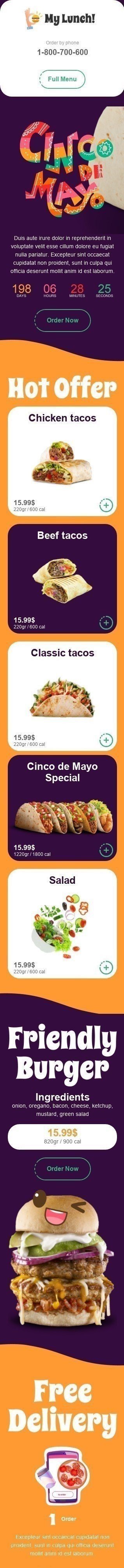 Plantilla de correo electrónico «Tacos clásicos» de Cinco de Mayo para la industria de Gastronomía Vista de móvil