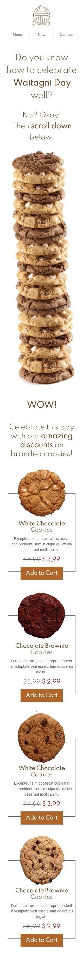 Waitangi-Tag E-Mail-Vorlage «Marken-Cookies» für Essen-Branche Ansicht auf Mobilgeräten
