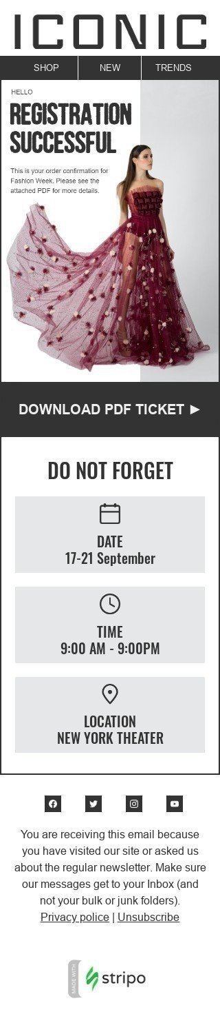 Fashion week Email Template "Reminder and tickets" for Fashion industry mobile view