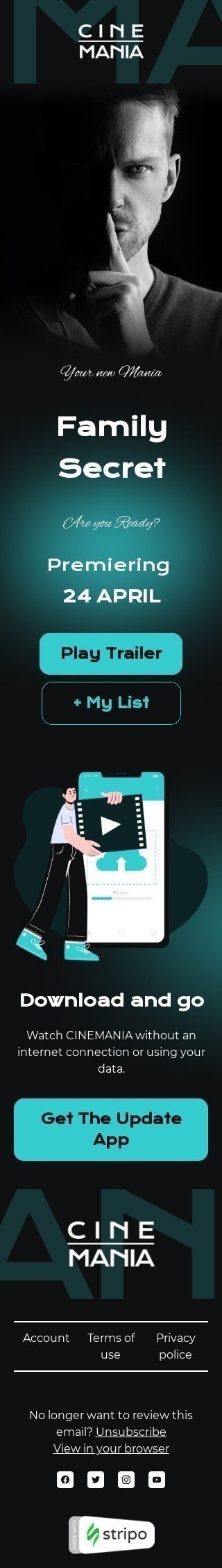 Шаблон листа «Ваша нова Манія» тематики Тизернi для індустрії «Фільми» мобільний вигляд