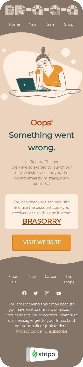 Modèle de courrier électronique Excuses «Quelque chose s'est mal passé» pour le secteur Mode Affichage mobile
