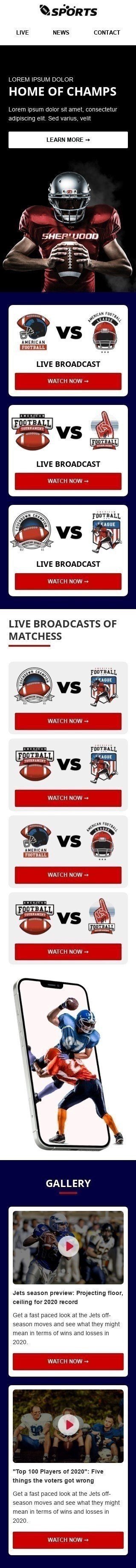 Plantilla de correo electrónico «Semana de transmisión» de Super Bowl para la industria de Deportes Vista de móvil