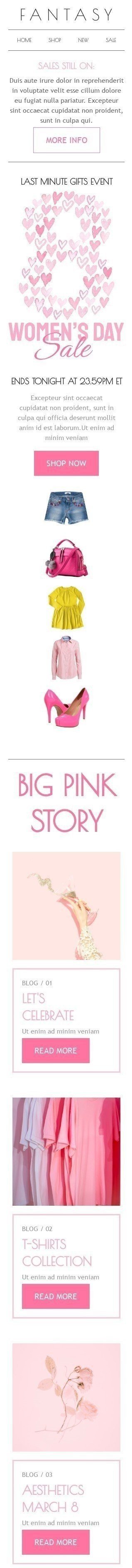 Women's Day Email Template "Big pink story" for Fashion industry mobile view