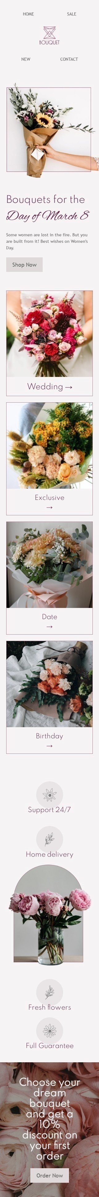 Plantilla de correo electrónico «Los mejores deseos en el día de la mujer» de Día de la Mujer para la industria de Regalos y flores Vista de móvil