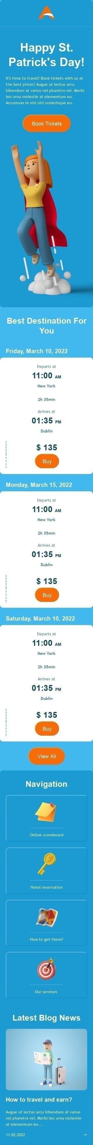 St. Patrick‘s Day E-Mail-Vorlage «Tickets nach Dublin» für Fluggesellschaft-Branche Ansicht auf Mobilgeräten