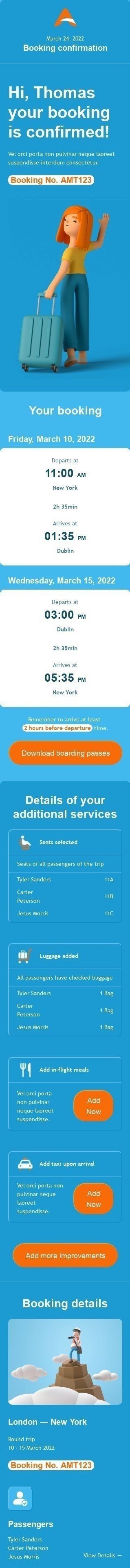 Modello Email Avvisi e notifiche «Conferma della prenotazione» per il settore industriale di Compagnia aerea Visualizzazione mobile