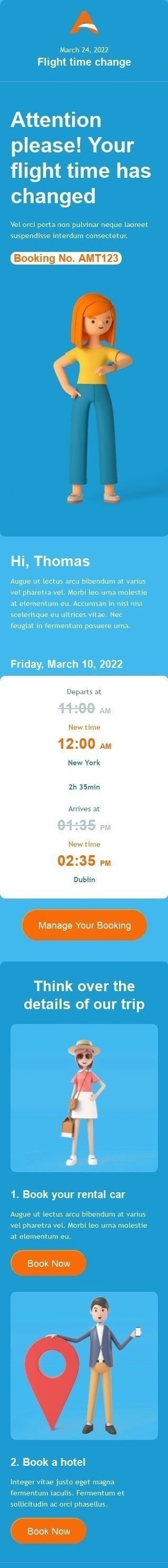 Шаблон листа «Зміна часу рейсу» тематики Повідомлення для індустрії «Авіалінії» мобільний вигляд