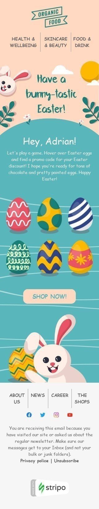 Plantilla de correo electrónico «¡Que tengas una Pascua conejita-tástica!» de Semana Santa para la industria de Productos orgánicos y ecológicos Vista de móvil