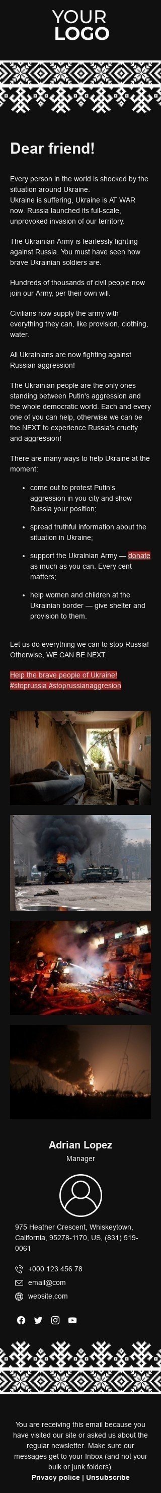 The "Let's Stop this War Together: Spread the word about this tragedy" email template Visualizzazione mobile
