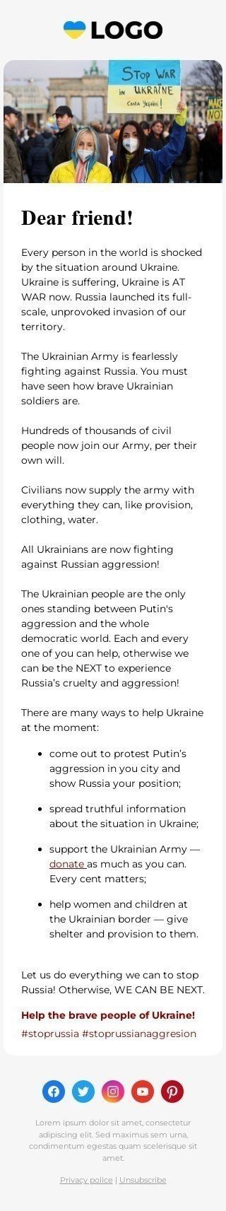 Modello di email "Fermiamo l'aggressione russa" Visualizzazione mobile