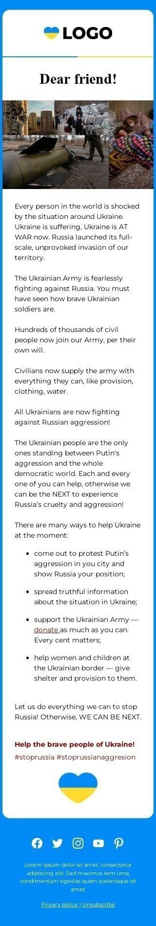 The "Spread a word Russian Aggression in Ukraine" email template Ansicht auf Mobilgeräten