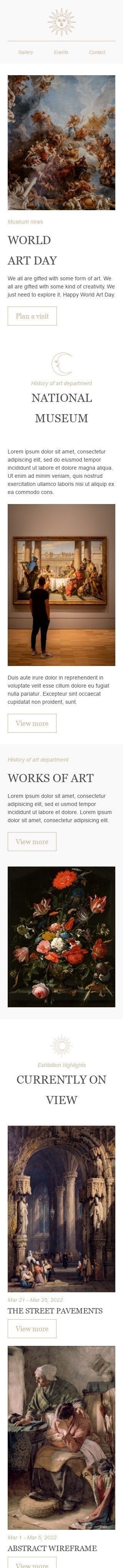 Weltkunsttag E-Mail-Vorlage «Nationalmuseum» für Kunstgalerie-Branche Ansicht auf Mobilgeräten
