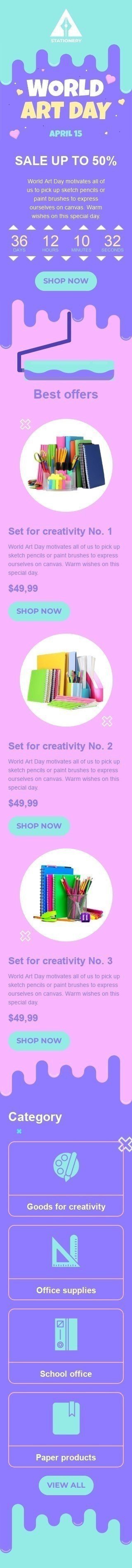 Plantilla de correo electrónico «Conjunto para la creatividad» de Día Mundial del Arte para la industria de Libros y regalos y papelería Vista de móvil