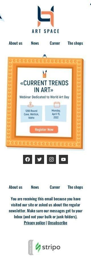 Weltkunsttag E-Mail-Vorlage «Aktuelle Trends in der Kunst» für Kunstgalerie-Branche Ansicht auf Mobilgeräten