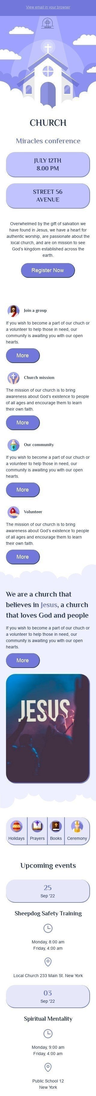 Promo Email Template "Miracles conference" for Church industry mobile view