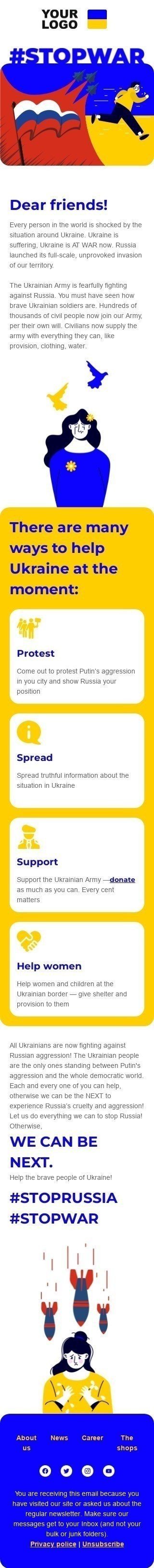 Modelo de e-mail "Ajude a Ucrânia a ficar de pé nesta guerra" Visualização de dispositivo móvel