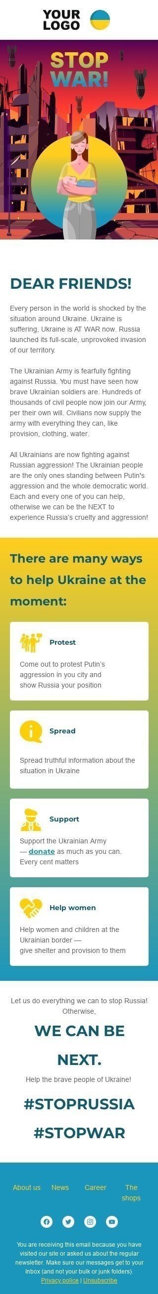 Modello di email "Aiuta l'Ucraina a fermare la guerra" Visualizzazione mobile
