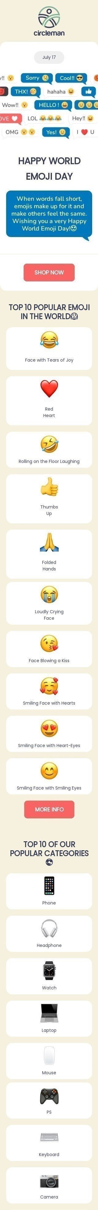 Modèle de courrier électronique Journée mondiale des emojis «Top 10 des émoticônes les plus populaires» pour le secteur Gadgets Affichage mobile